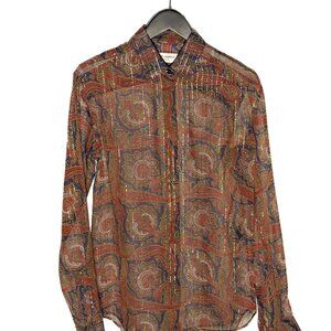 Saint Laurent FW18 Navy Red Paisley Metallic Silk Sheer Blouse